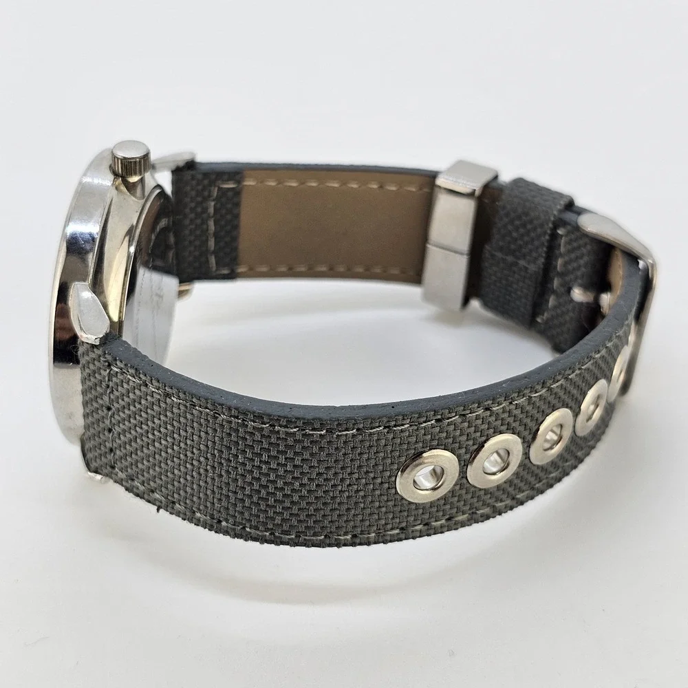 Men Analog Watch 41MM White Dial Date Gray Canvas Faux Leather Bands New Battery